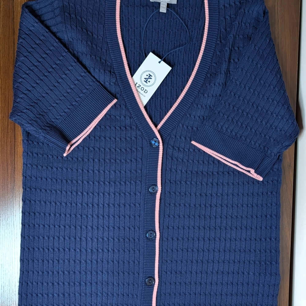 Izod Navy Cardigan with Pink Trim